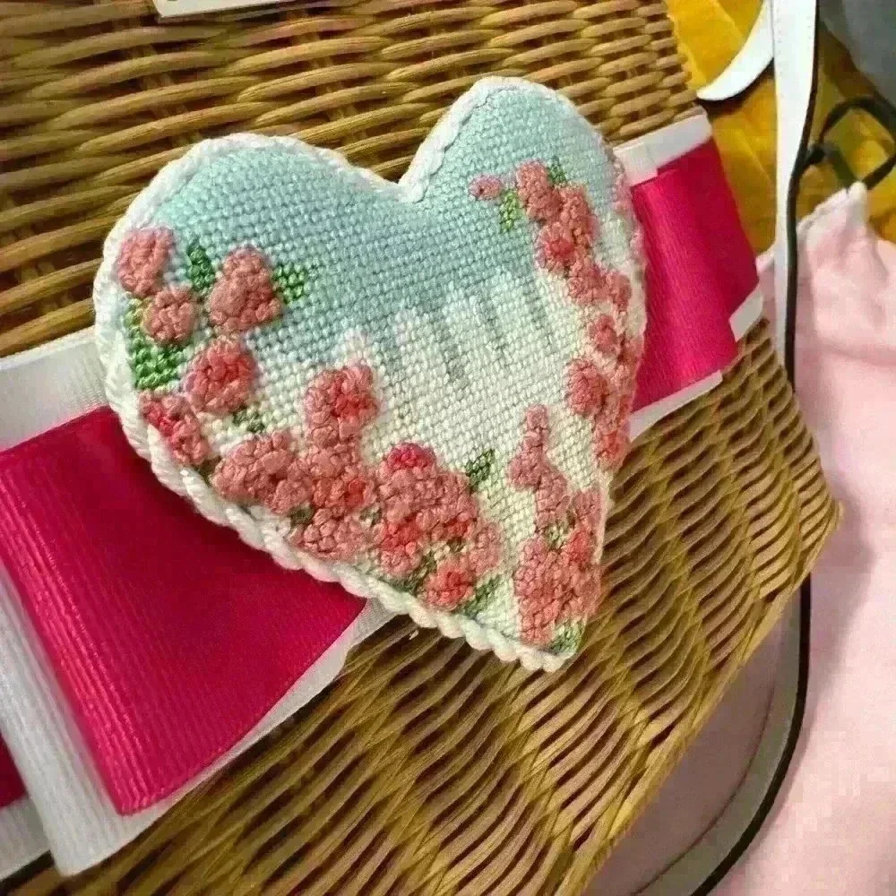 Kate Spade Basket Wicker Handbag with handmade needlepoint heart and pink ribbon